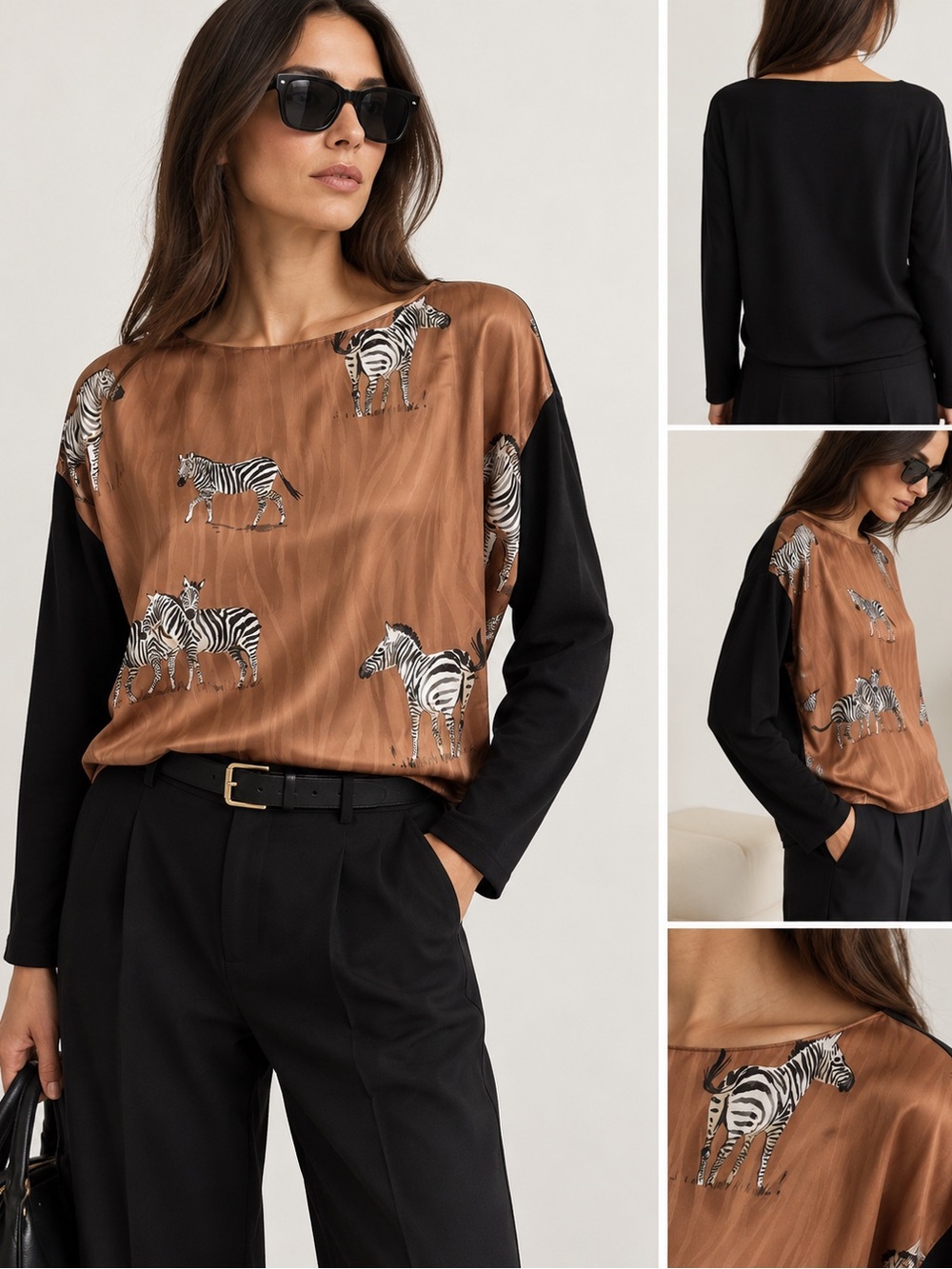 Zara Zebra Safari Print Satin Front Black Long Sleeve Top Size S
